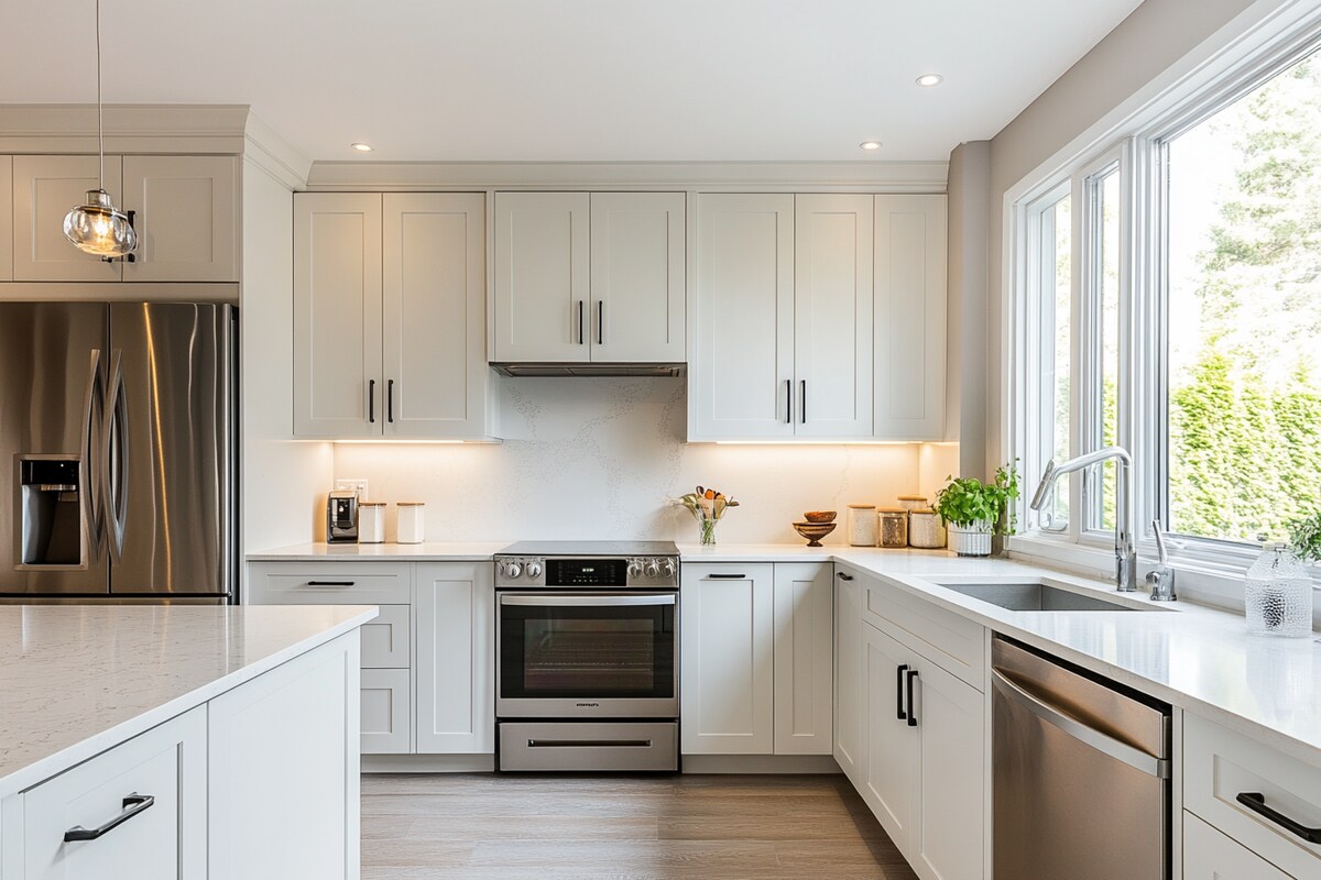 L-Shaped Contemporary Kitchen Design With Irish Cream and White Tones L-Shaped Contemporary Kitchen Design With Irish Cream and White Tones