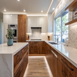 Contemporary U Shaped Kitchen Design with Cream Cabinets and Marble ...