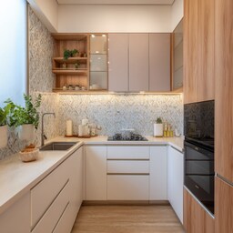 Contemporary U Shaped Kitchen Design with Cream Cabinets and Marble ...