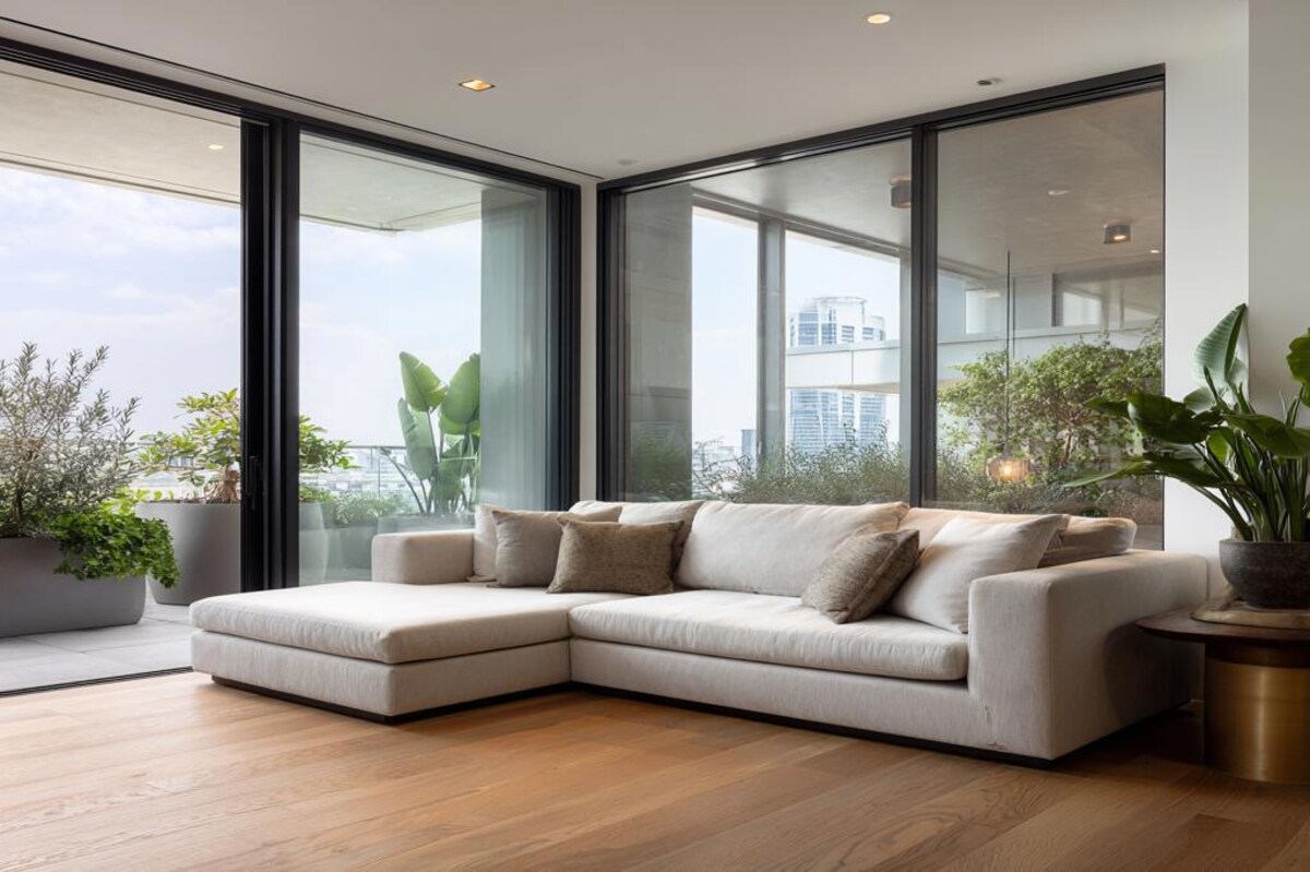 L Shaped Modern Window Design With Sliding Glass Shutters