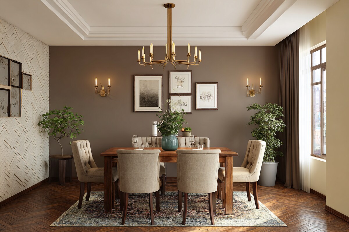 Large Beige and Brown Wall Colour Combination for Dining Room with Wooden Table and Brass Chandelier Large Beige and Brown Wall Colour Combination for Dining Room with Wooden Table and Brass Chandelier