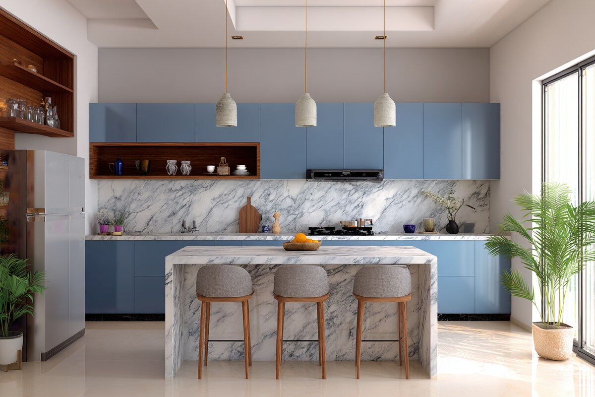 Large Blue and White Wall Colour Combination for Kitchen with Floating Cabinets and Quartz Island Large Blue and White Wall Colour Combination for Kitchen with Floating Cabinets and Quartz Island