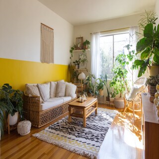 Large Yellow and White Wall Colour Combination for Living Room with Woven Sofa and Patterned Rug