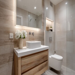 Light-Coloured Small Bathroom Idea With Wooden Vanity Unit
