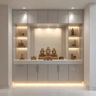 Light Grey and White Contemporary Floor Mounted Pooja Design with Display Shelves