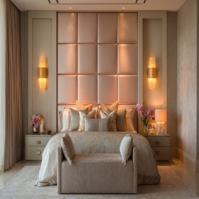 Luxe Beige and Peach Wall Colour Combination for Bedroom with Padded Headboard and Wall Sconces