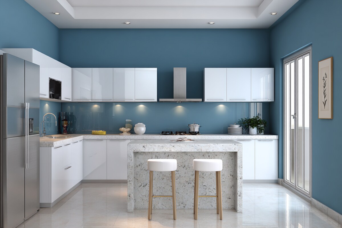 Luxe Blue and White Wall Colour Combination for Kitchen with Island Counter and Sleek Cabinets