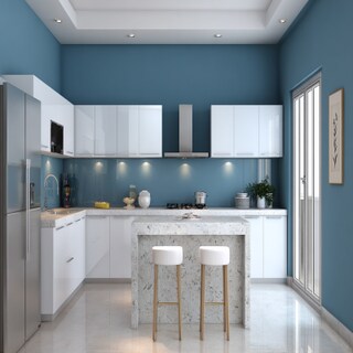 Luxe Blue and White Wall Colour Combination for Kitchen with Island Counter and Sleek Cabinets