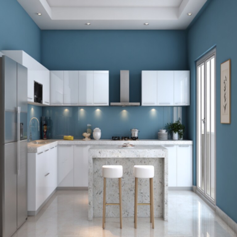 Luxe Blue and White Wall Colour Combination for Kitchen with Island Counter and Sleek Cabinets Luxe Blue and White Wall Colour Combination for Kitchen with Island Counter and Sleek Cabinets