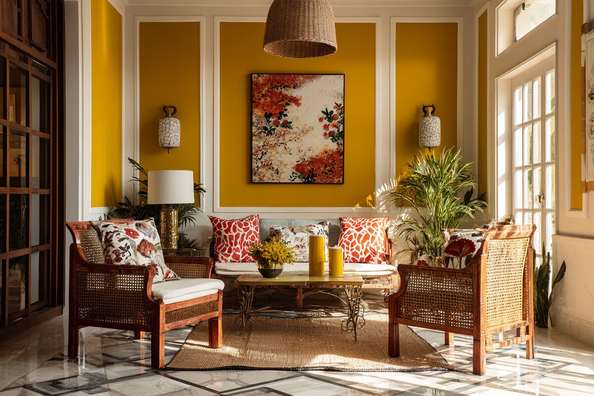 Luxe Mustard and White Wall Colour Combination for Living Room with Rattan Chairs and Printed Cushions