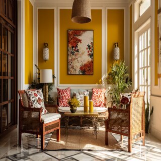 Luxe Mustard and White Wall Colour Combination for Living Room with Rattan Chairs and Printed Cushions