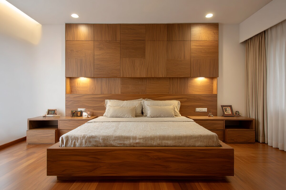 Master Bedroom Design with Wooden Headboard Bed with Hydraulic Lift Up Storage