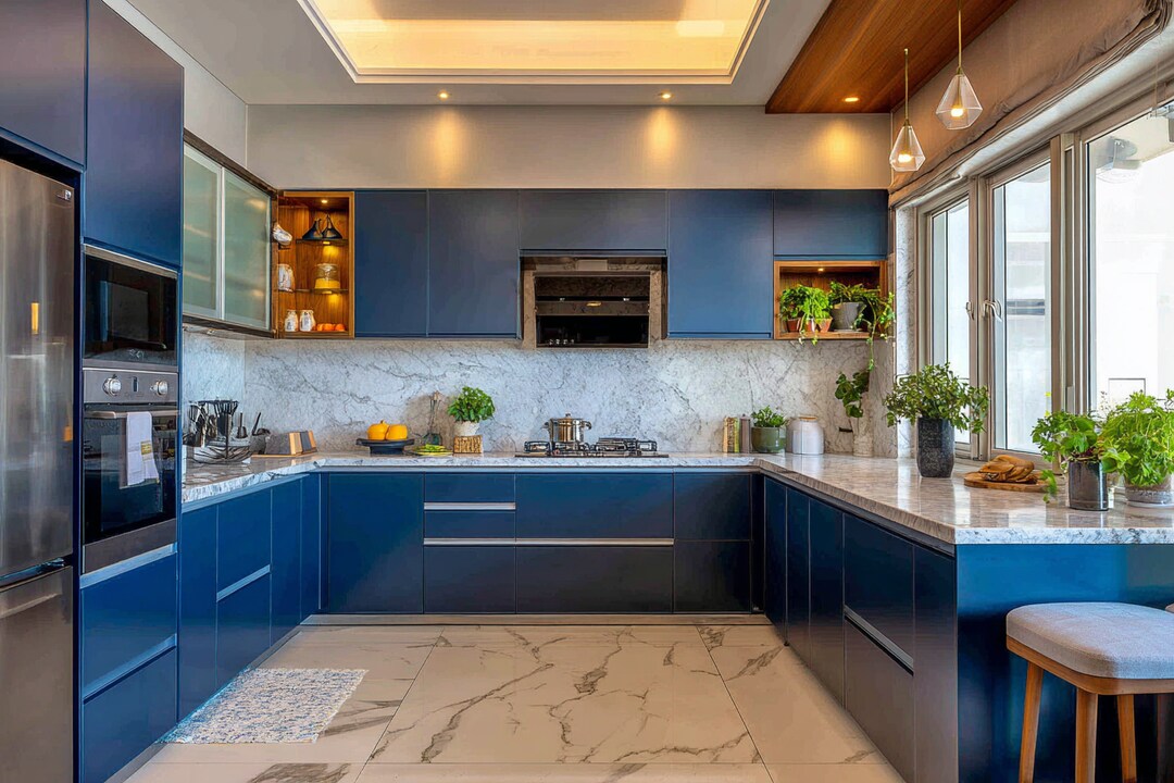 Metallic Blue Modern U-Shaped Kitchen Design With Seating and Granite ...