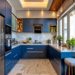 White and Walnut Contemporary L-Shaped Kitchen Design With High Gloss ...
