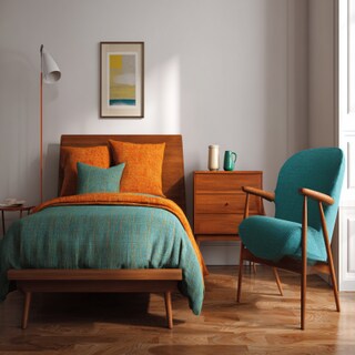 Mid-Century Modern Bedroom Design With A Wooden Bed And Accent Chair