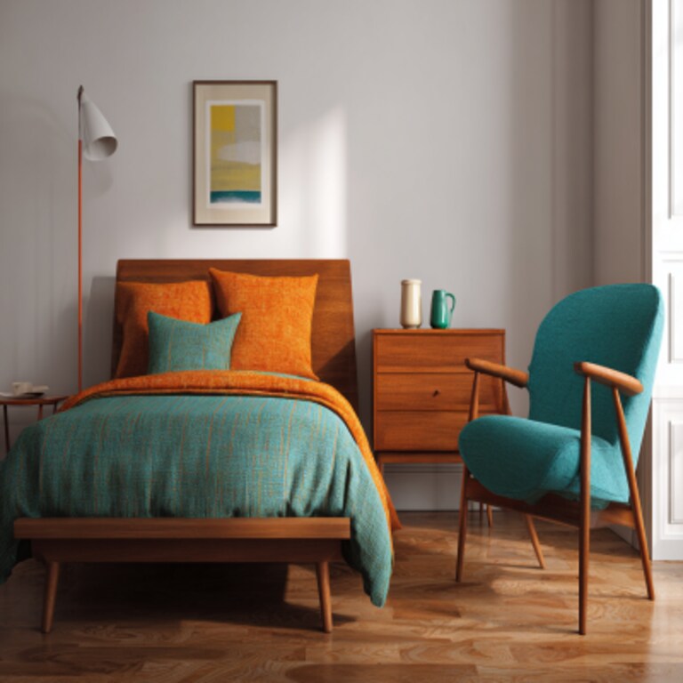 Mid-Century Modern Bedroom Design With A Wooden Bed And Accent Chair Mid-Century Modern Bedroom Design With A Wooden Bed And Accent Chair