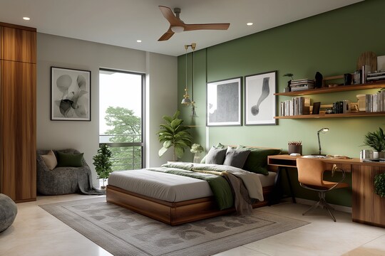 MidCentury Modern Bedroom Design With Green Accent Wall And Study Table