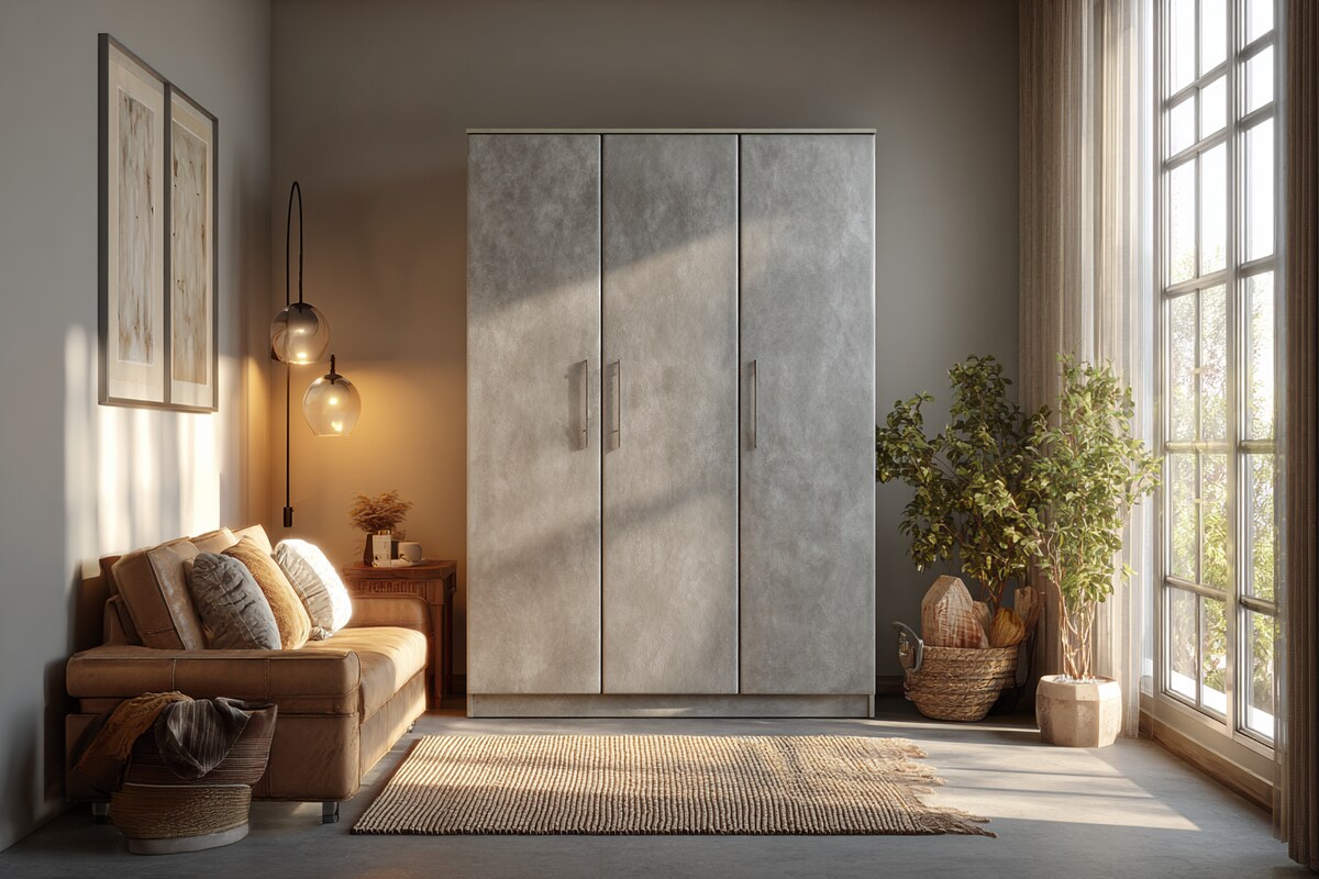 Minimal 3-Door Wardrobe Design with Suede Finish in Light Grey Minimal 3-Door Wardrobe Design with Suede Finish in Light Grey