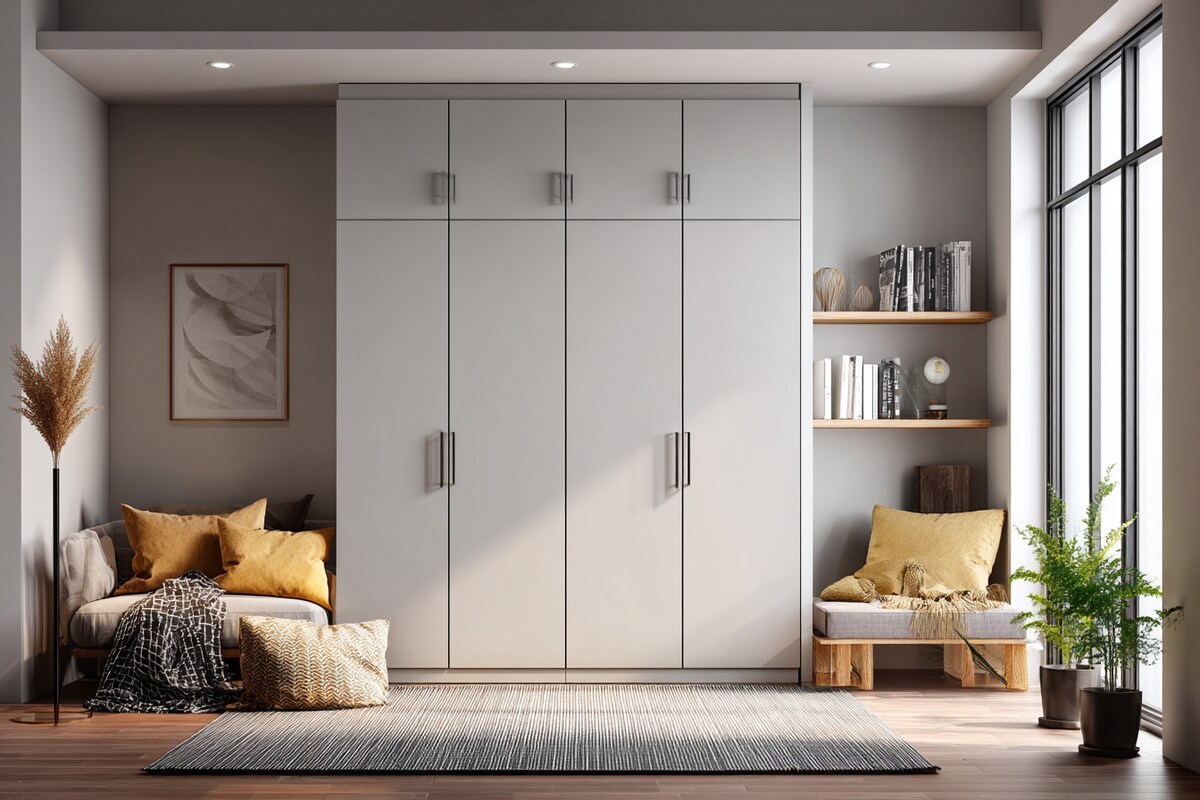 Minimal 4-Door Wardrobe Design in Light Grey Minimal 4-Door Wardrobe Design in Light Grey