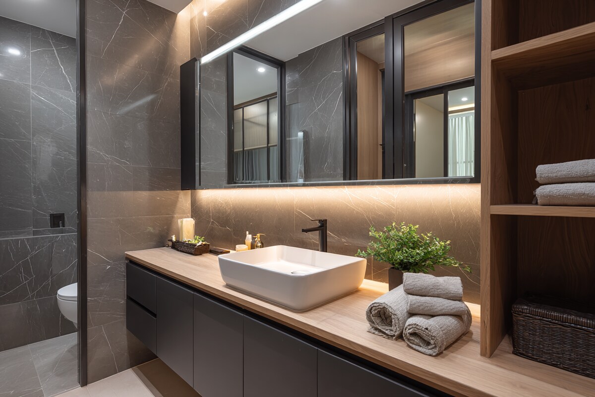 Minimal Bathroom Design With A Rectangular Mirror