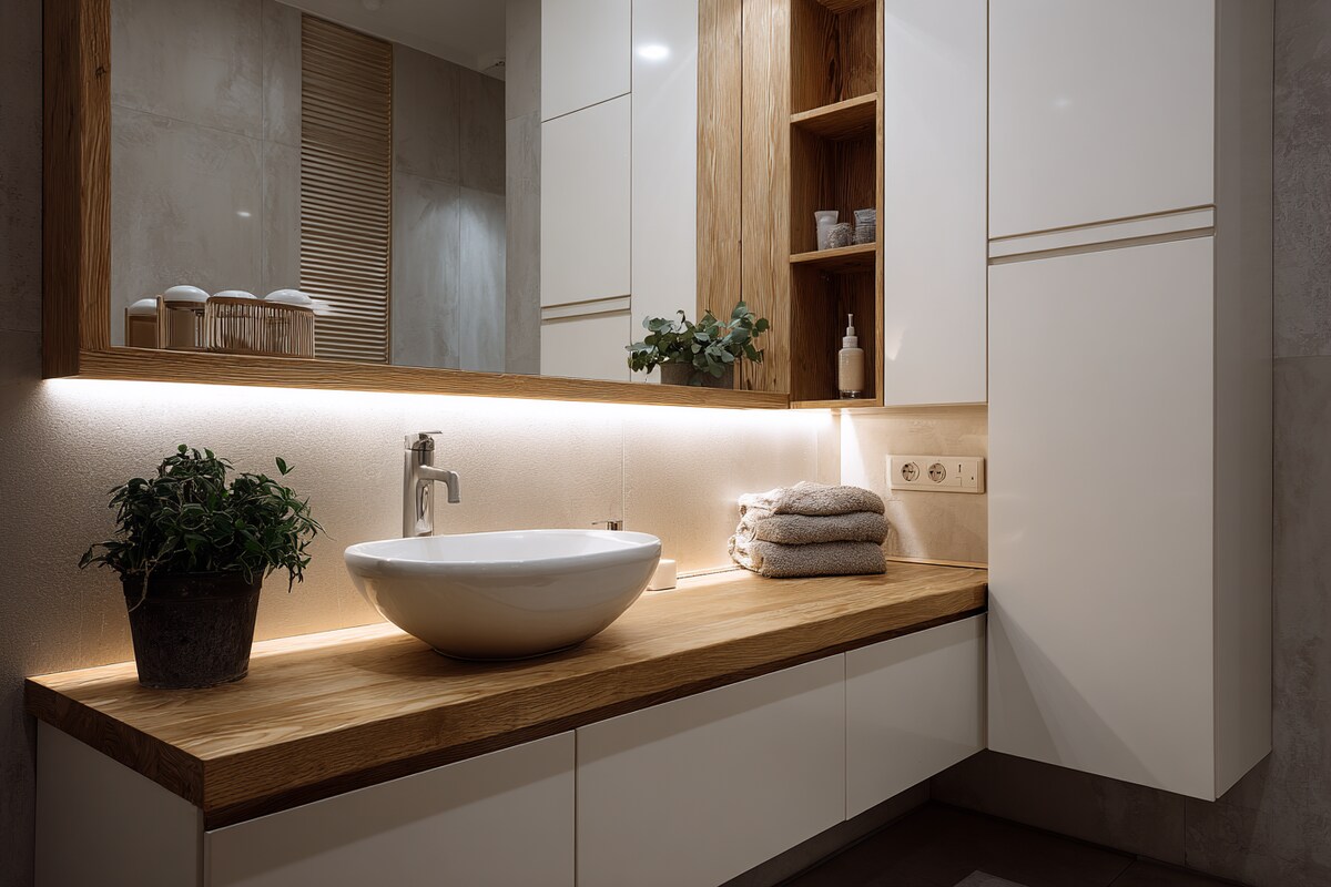 Minimal Bathroom Design With Closed Cabinet Storage