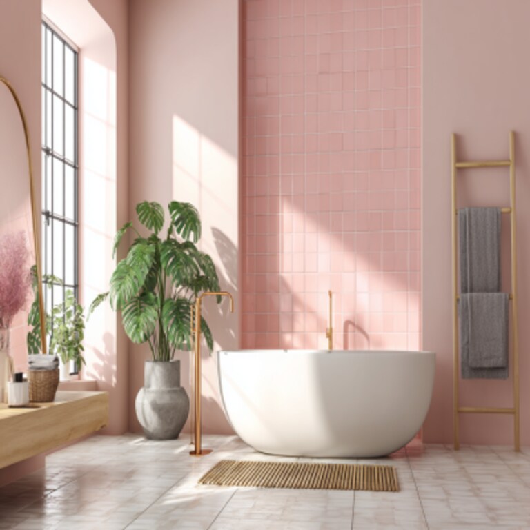 Minimal Bathroom Design With Light Pink Tiles