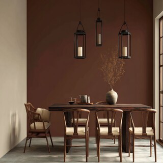 Minimal Brown and Beige Wall Colour Combination for Dining Room with Wooden Dining Chairs and Metal Lanterns