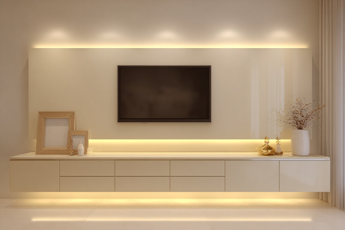 Minimal Champagne TV Unit Design with Open Shelf and LED Lighting