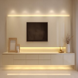 Minimal Champagne TV Unit Design with Open Shelf and LED Lighting