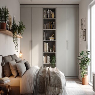 Minimal Grey 4-Door Swing Wardrobe Design with Open Shelf