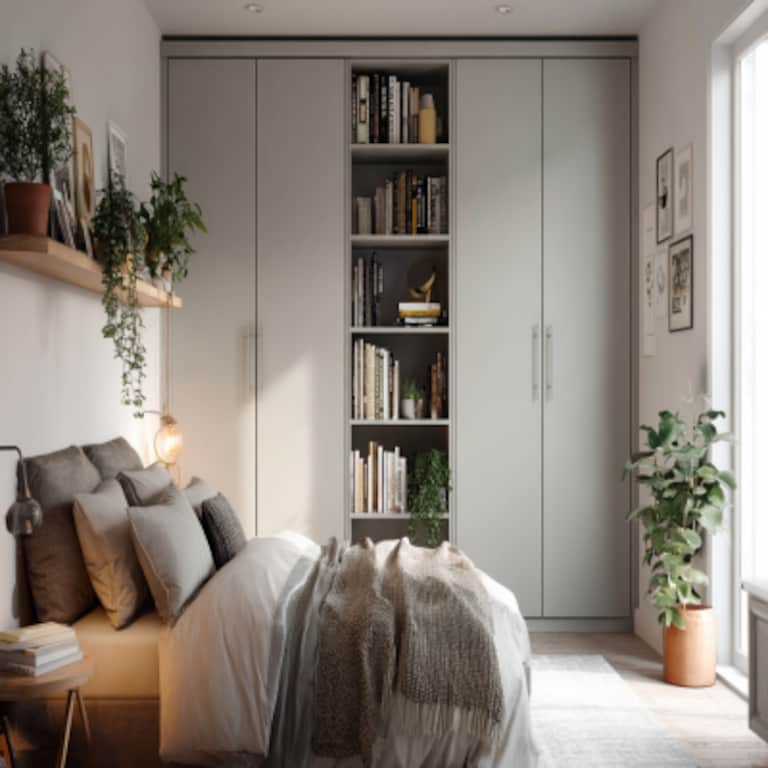 Minimal Grey 4-Door Swing Wardrobe Design with Open Shelf