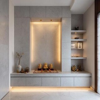 Minimal Grey Pooja Design with Floor Mounted Cabinet and Shelves