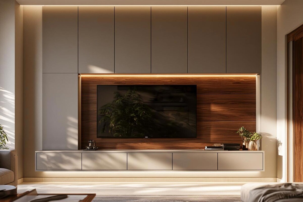 Minimal Grey Walnut TV Unit Design with Matte Finish Push Drawers Minimal Grey Walnut TV Unit Design with Matte Finish Push Drawers