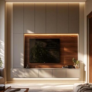 Minimal Grey Walnut TV Unit Design with Matte Finish Push Drawers