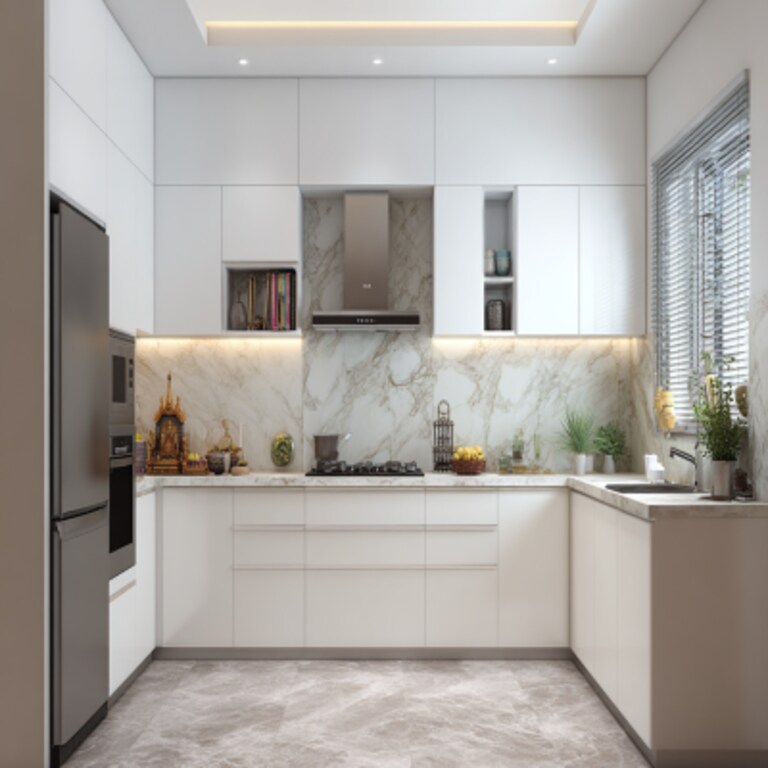 Minimal L-Shaped Kitchen Design With Pooja Unit and Marble Backsplash