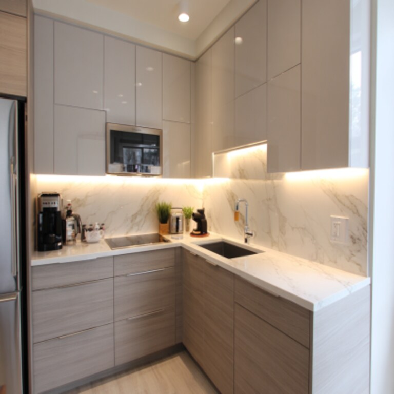 Minimal L-Shaped Kitchen Design with Quartz Countertops and Two-Tone Cabinets