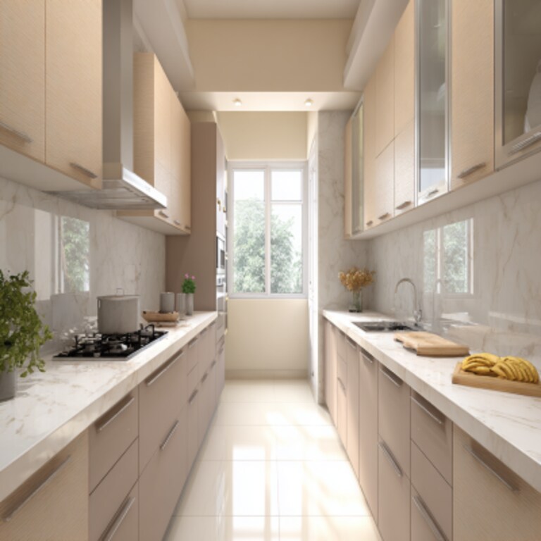 Minimal Light Mocha Coloured Parallel Kitchen Design