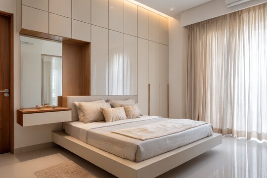 Minimal Master Bedroom Design Featuring Built-In Wardrobe and Floating ...
