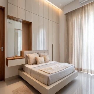 Minimal Master Bedroom Design Featuring Built-In Wardrobe and Floating Dresser