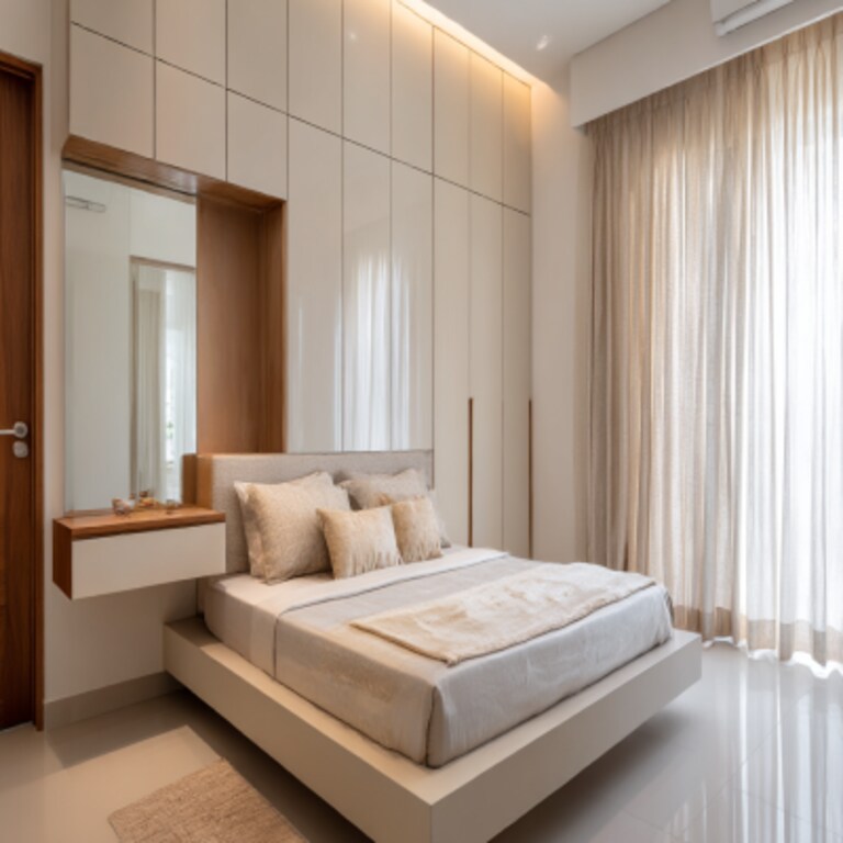 Minimal Master Bedroom Design Featuring Built-In Wardrobe and Floating Dresser