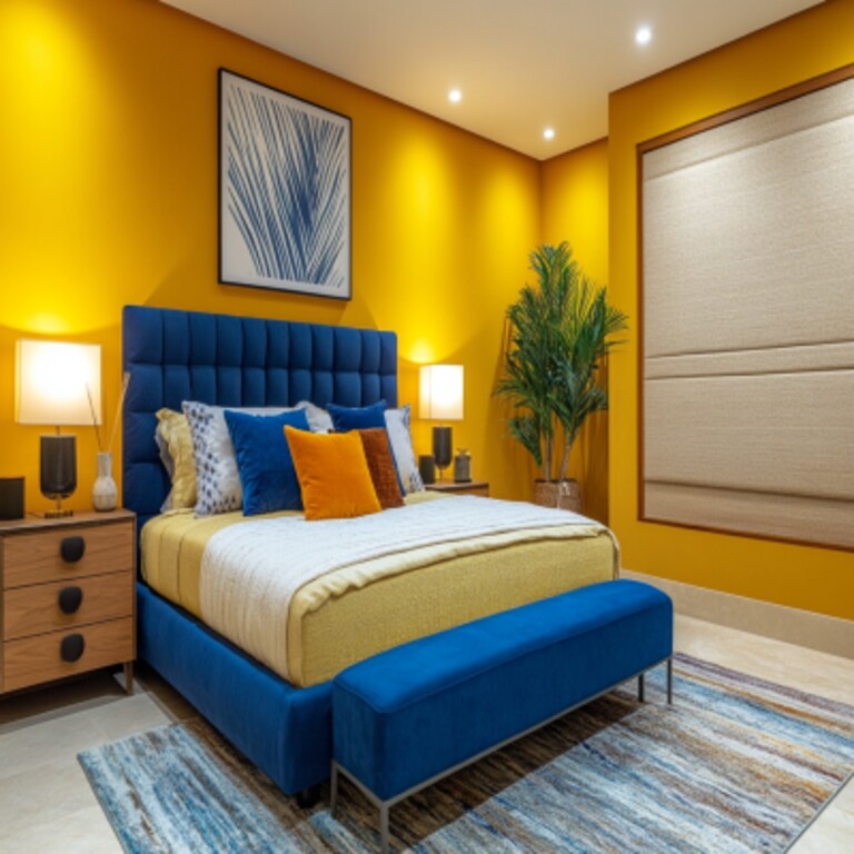Minimal Master Bedroom Design with Mustard Yellow Walls and Blue Upholstered Bed