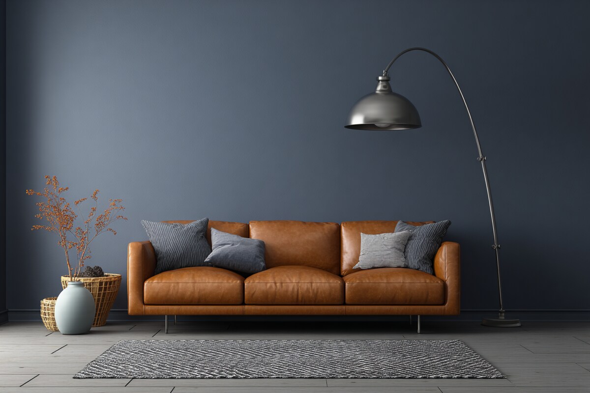 Minimal Navy and Grey Wall Colour Combination for Living Room with Leather Sofa and Metal Floor Lamp Minimal Navy and Grey Wall Colour Combination for Living Room with Leather Sofa and Metal Floor Lamp