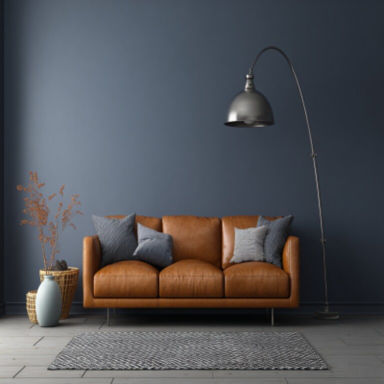Minimal Navy and Grey Wall Colour Combination for Living Room with Leather Sofa and Metal Floor Lamp