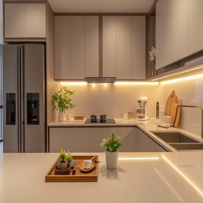 Minimal Open Kitchen Design in Irish Cream with Granite Countertop