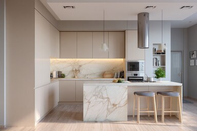 Minimal Open Kitchen Design in Irish Cream with Marble Countertop