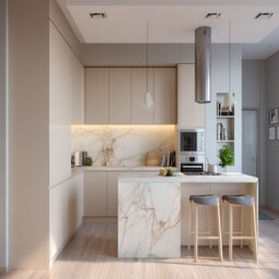 Modern Island Kitchen Design with Marble Countertops and Grey Panels