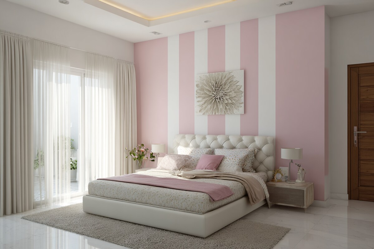 Minimal Pink and White Wall Colour Combination for Bedroom with Tufted Bed Frame and Bedside Table Minimal Pink and White Wall Colour Combination for Bedroom with Tufted Bed Frame and Bedside Table