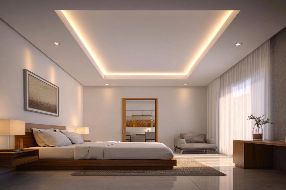Minimal Single Layer False Ceiling Design with Rectangular Layout and Strip Light Minimal Single Layer False Ceiling Design with Rectangular Layout and Strip Light