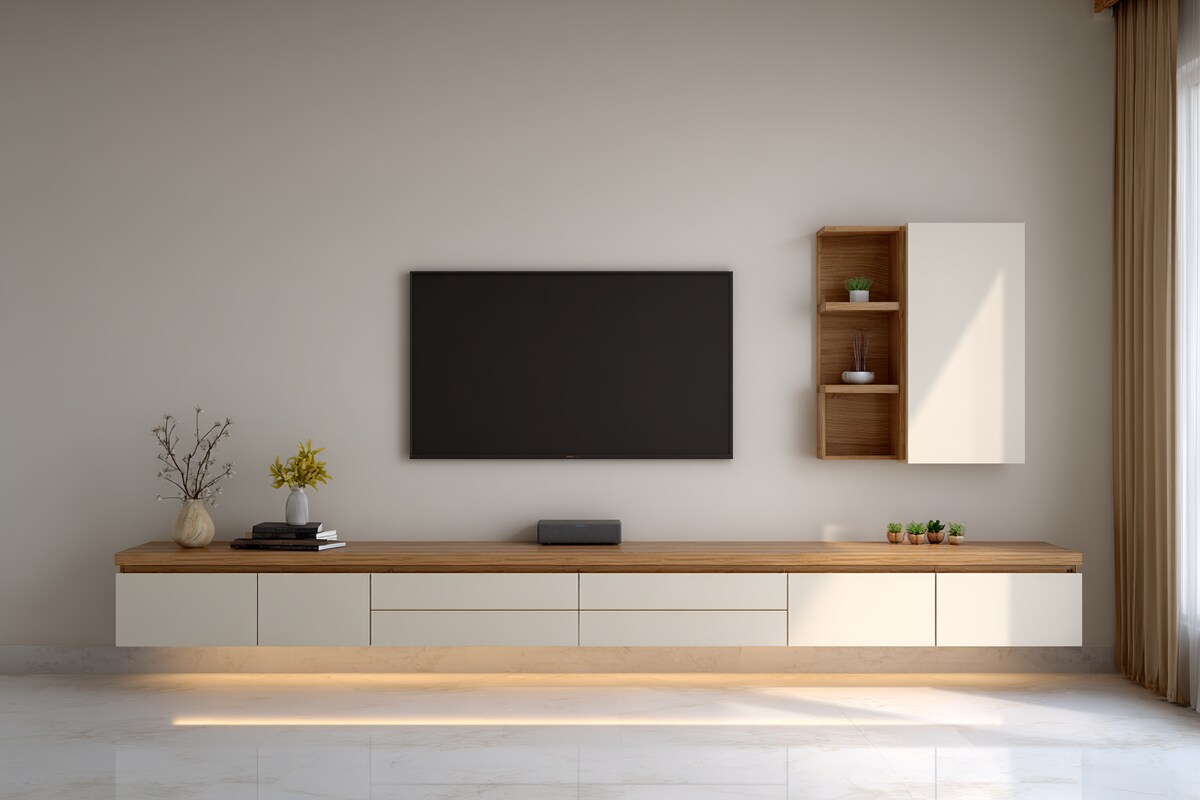 Minimal TV Unit Design with Drawers and Display Accents