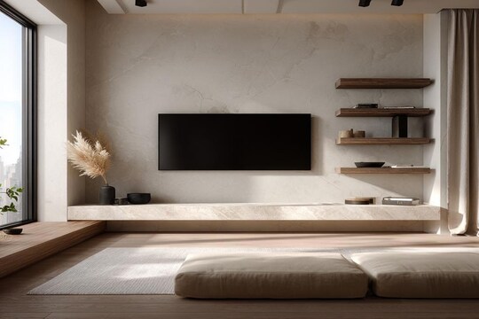 Minimal TV unit design with Floating Shelves and Drawers